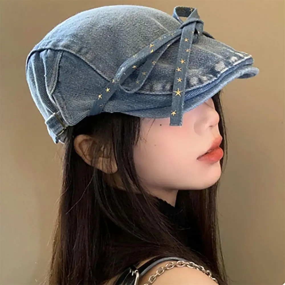 Original Bow Strap Design Berets Caps for Women Spring and Summer Travel Ins Versatile Sunscreen Retro Denim Forward Hats