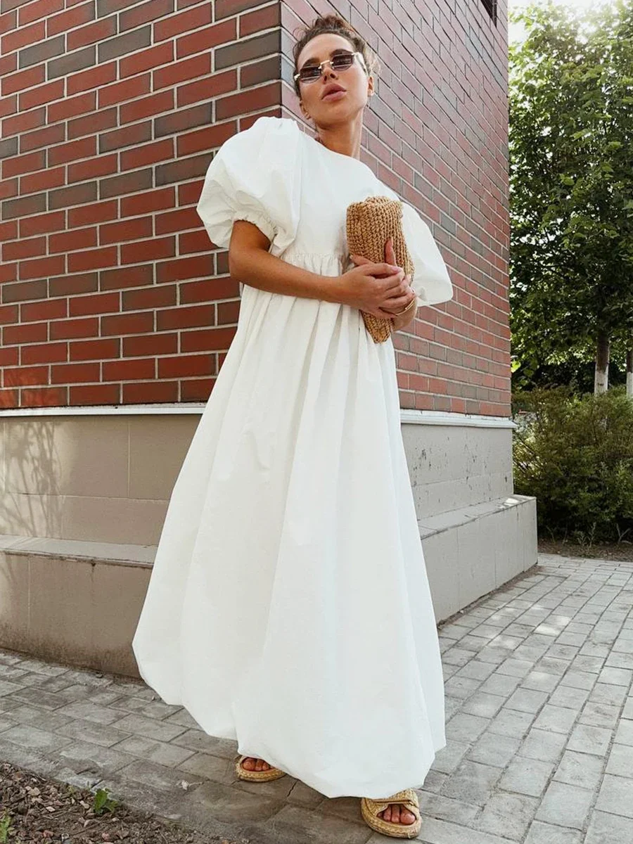 Bornladies Summer Cotton Women's Oversized Bubble Sleeve Dresses Fashionable Ladies O-Neck Chic Short Sleeve Loose Long Dress