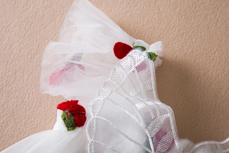 Girls Dress Summer Little Flying Sleeve Bow Strawberry Embroidery Mesh Princess Dress for 1-5Yrs