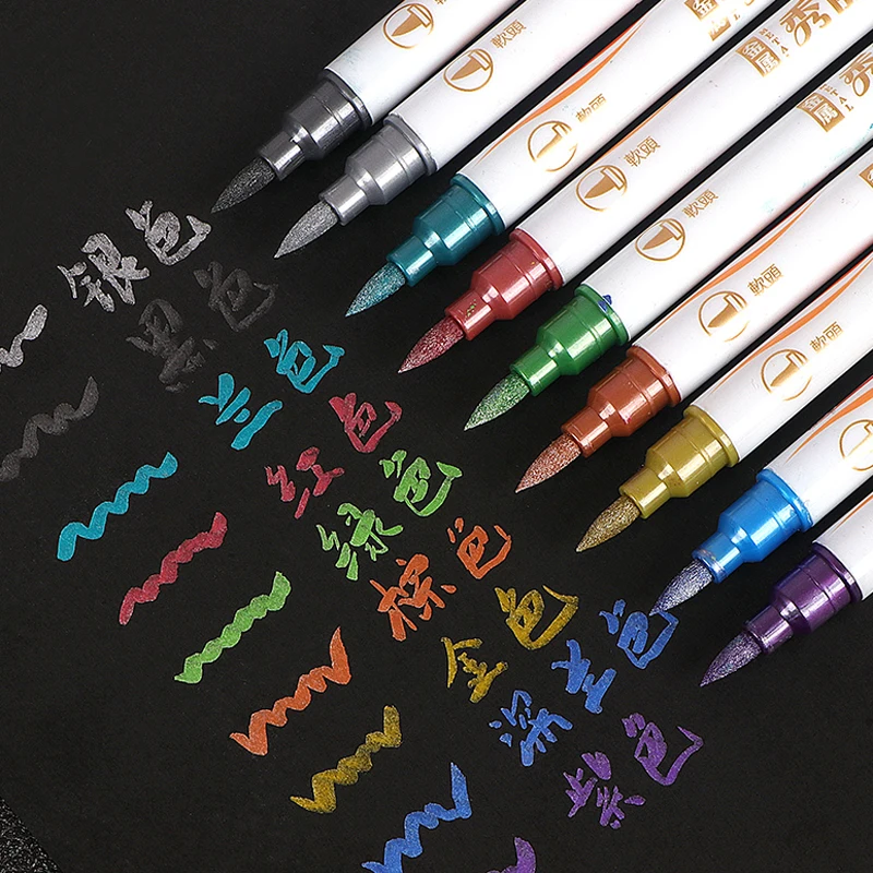 10 Colors/Set Fine Point Brush Metallic Marker Pens Double Tip