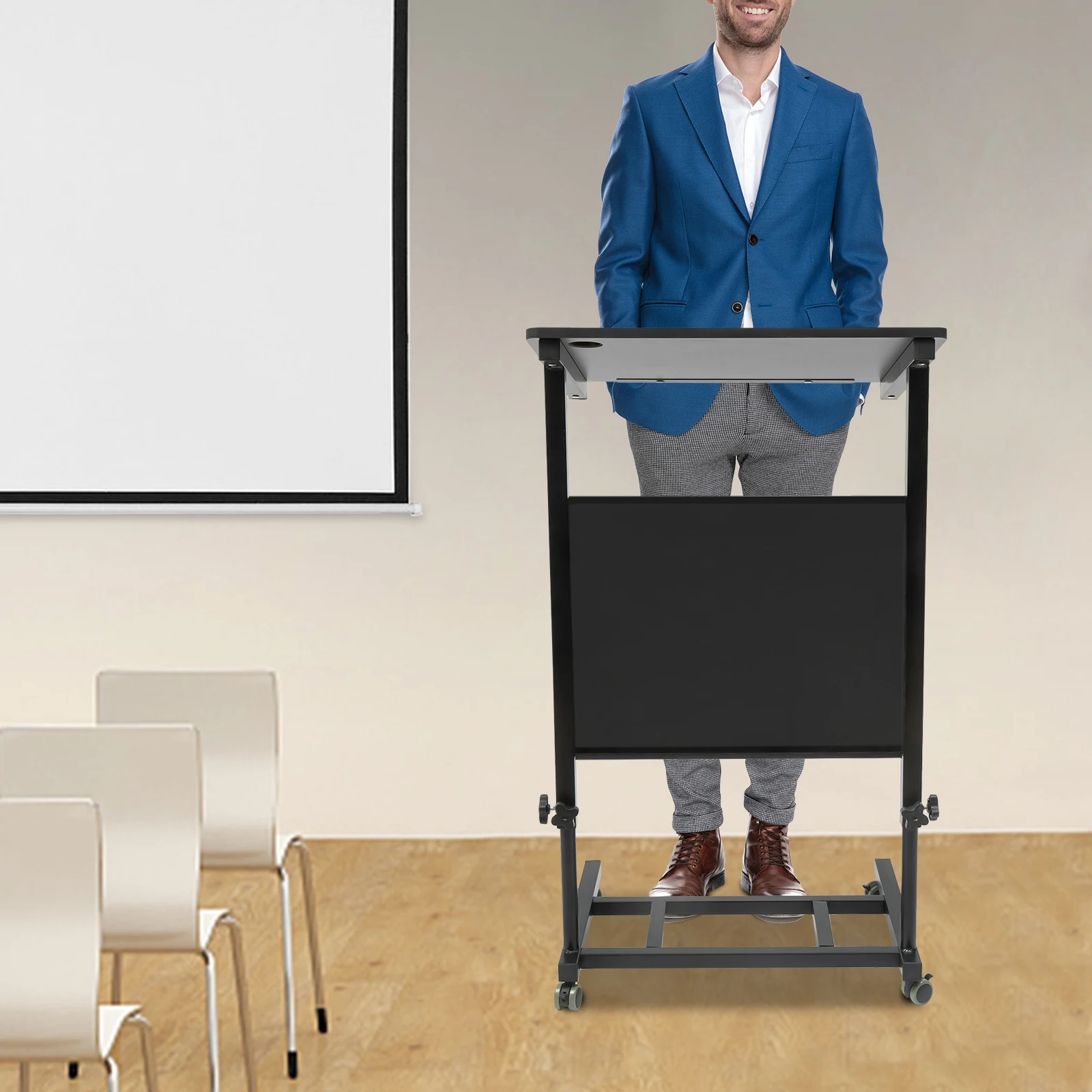 Mobile Stand Up Lectern Podium Ironwork Height Adjustable Desk with Wheels Podium Black Portable