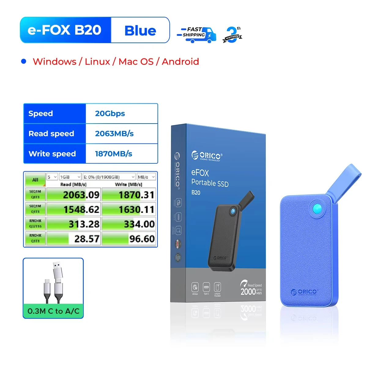 ORICO 2TB ポータブルSSD カスタム外付けSSD 最大2000MB/秒 USB 3.2