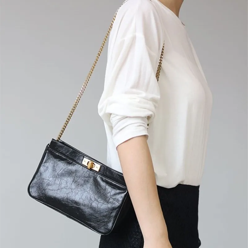 Retro Chain Minimalist Design Shoulder Bag Women Buckle Texture Leather Square Handbag Ladies Black Casual Commute Crossbody Bag