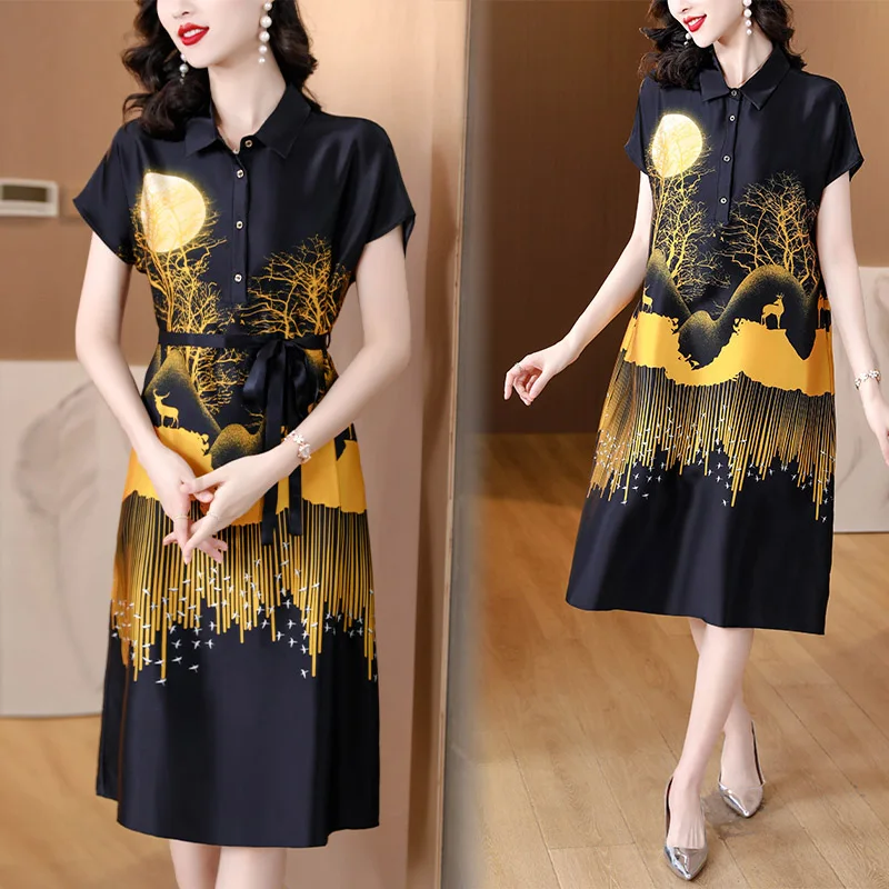 

Women Fashion Casual Short Sleeve Knee-Length Dresses Summer New Chic Print Loose Sashes Button Clothing Office Lady Pullovers