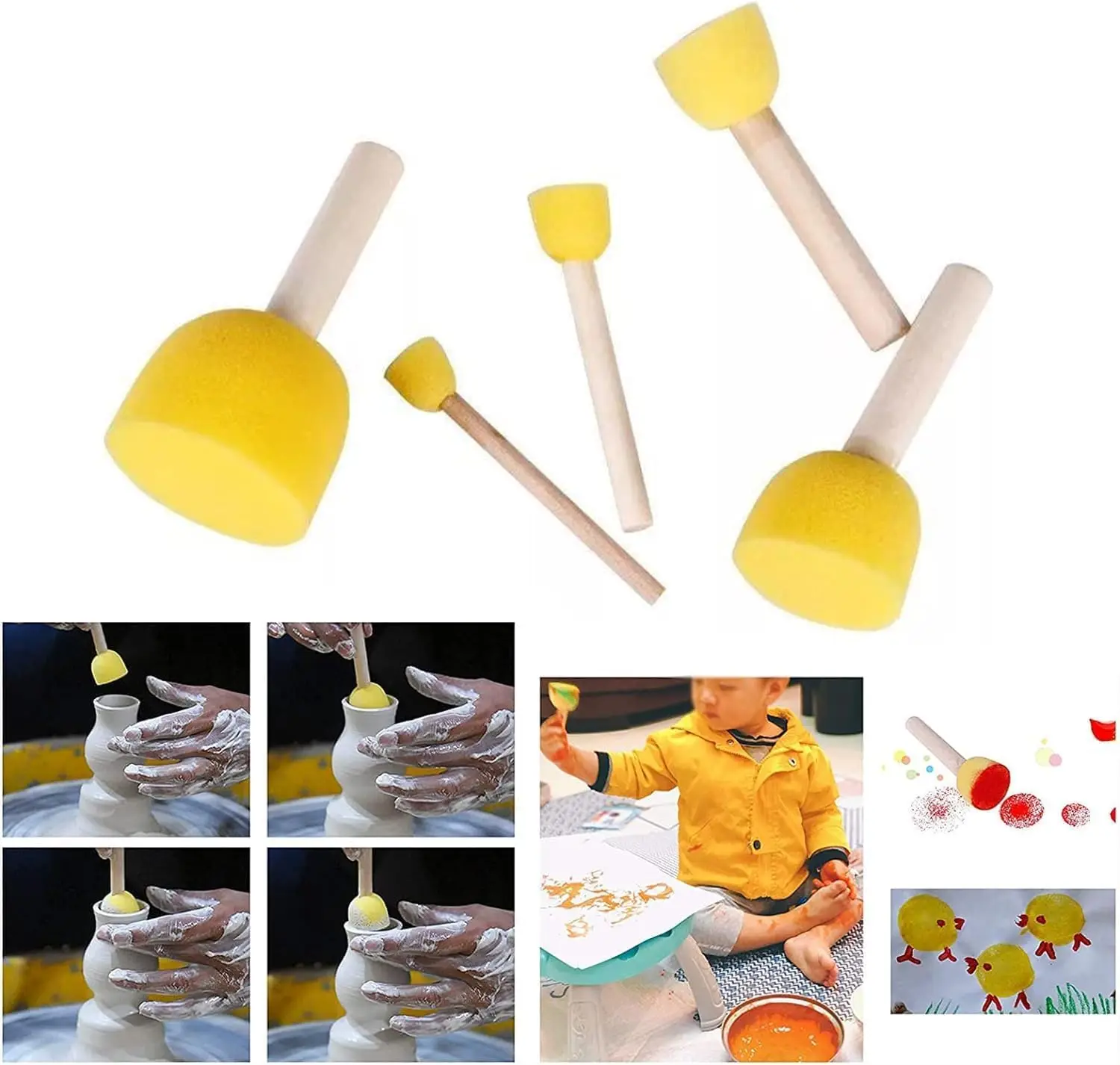 5pcs Round Stencil Sponge Wooden Handle Foam Sponge Paint Brush Foam Brush Painting Tools Drawing Toy for Kids Art Crafts paint brushes