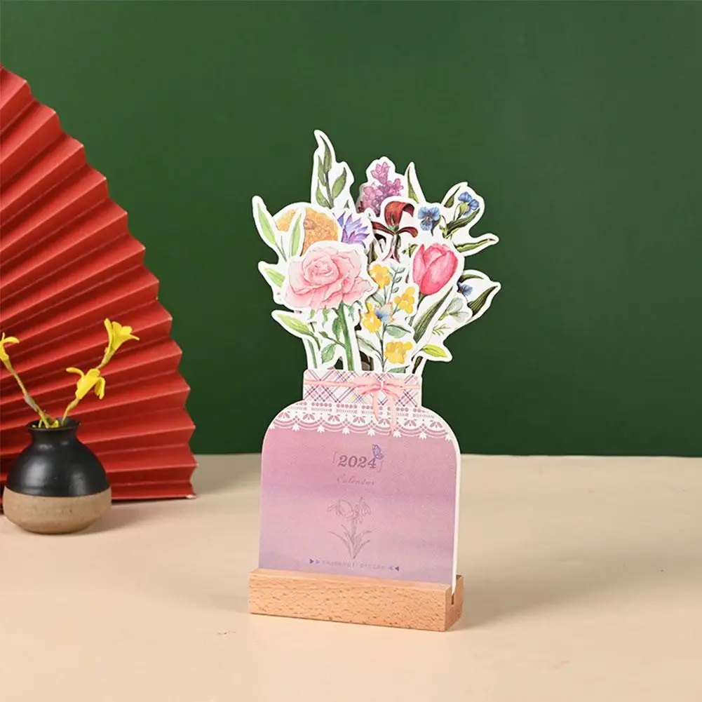 2024 꽃 책상 달력 나무 달력 카드 유형 꽃 청동 장식 재료 책상 달력 DIY 저널 문구