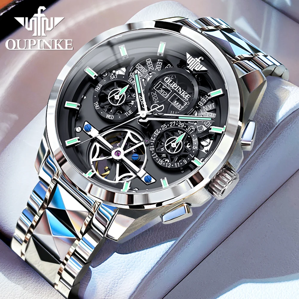 

OUPINKE 3233 New Automatic Mechanical Watch For Men Hollow 42mm Big Dial Hand Clock Tungsten Steel Strap Original Men's Watches