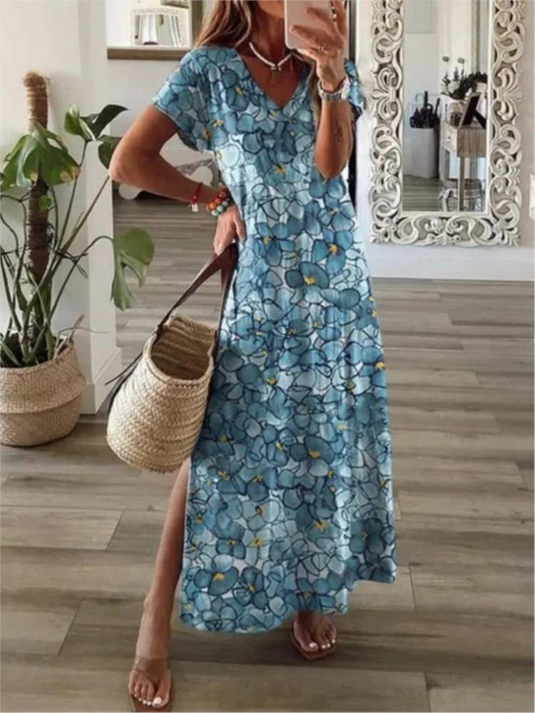 Long Dress Bohemian Short Sleeve Dress 2024 Vintage Floral Elegant
