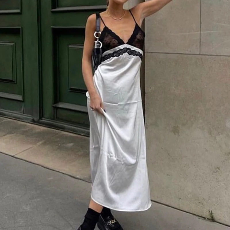 

Women Y2K Lace V Neck Long Dress Fairycore 90s Vintage Women Sexy Satin Backless Spaghetti Strap Midi Dress Streetwear
