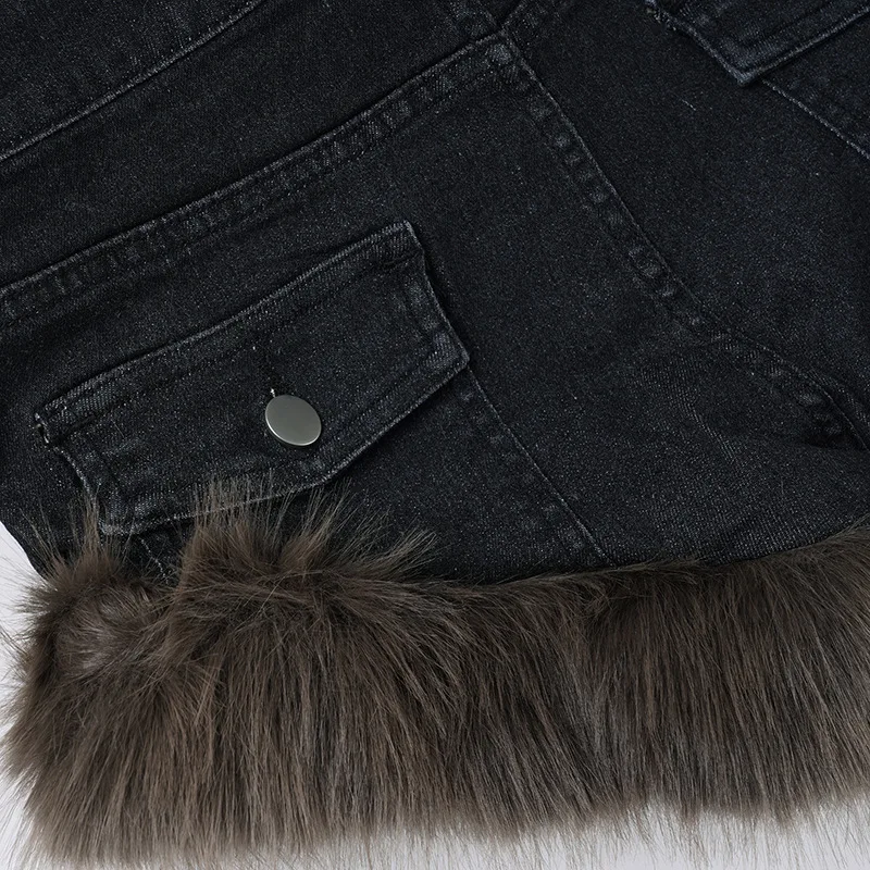 2026 New Retro Fluffy Splicing Denim Shorts Spice Girl Warm Fashion Low Waist Hip Hot Pants Women