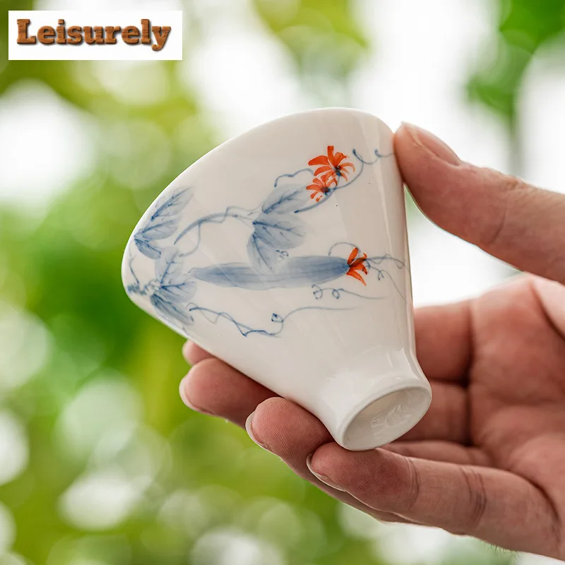 2pc/set Hand-painted Loofah Teacup Dehua White Porcelain Bamboo Hat Cup Master Single Cup Chazhan Kung Fu Teaset Drinking 50ml