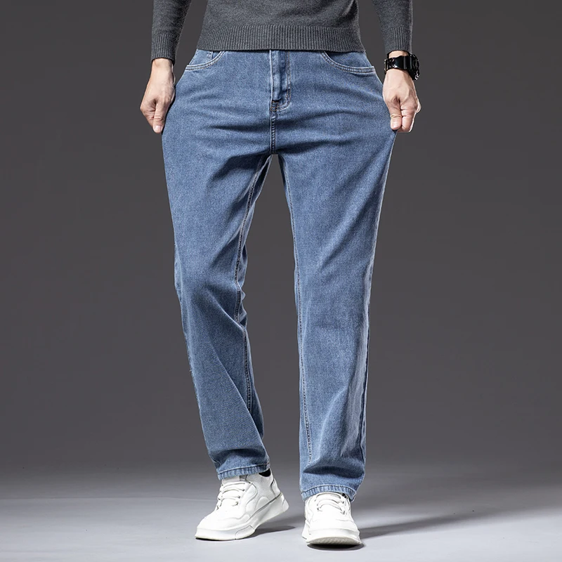 Plus Size 40 42 44 Autumn Men's Blue Straight Loose Jeans Business Casual Cotton Stretch Denim Pants Male Brand 3