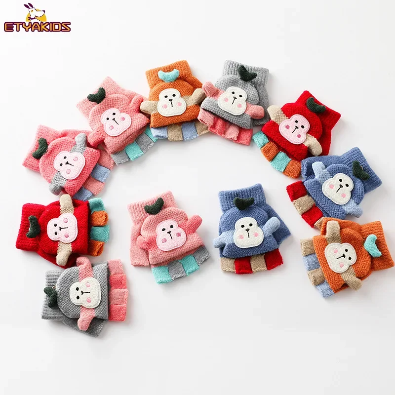 

Half Finger Flip Covered Gloves Cute Cartoon Kids Gloves Winter Warm Knitted for Children Boys Girls 1-5Y Baby Accessories
