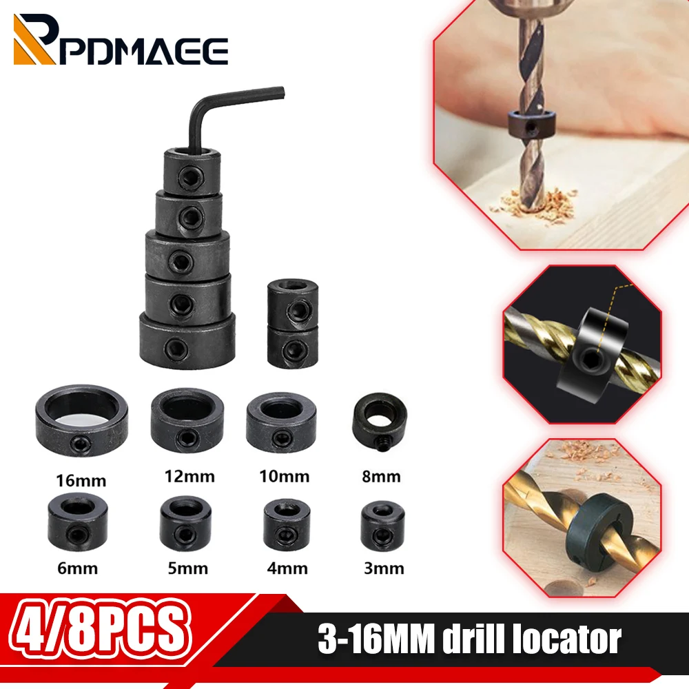 4/8pcs Woodworking Drill Bit 3-16mm Shaft Depth Stop Collars Ring Positioner Drill for Wood Drill With Hexagon Wrench Bit Tool 8pcs hrc50 carbide end mill 4 16mm 4 flute tialn coated micrograin carbide slot drill bit set for wood steel alloy steel tool