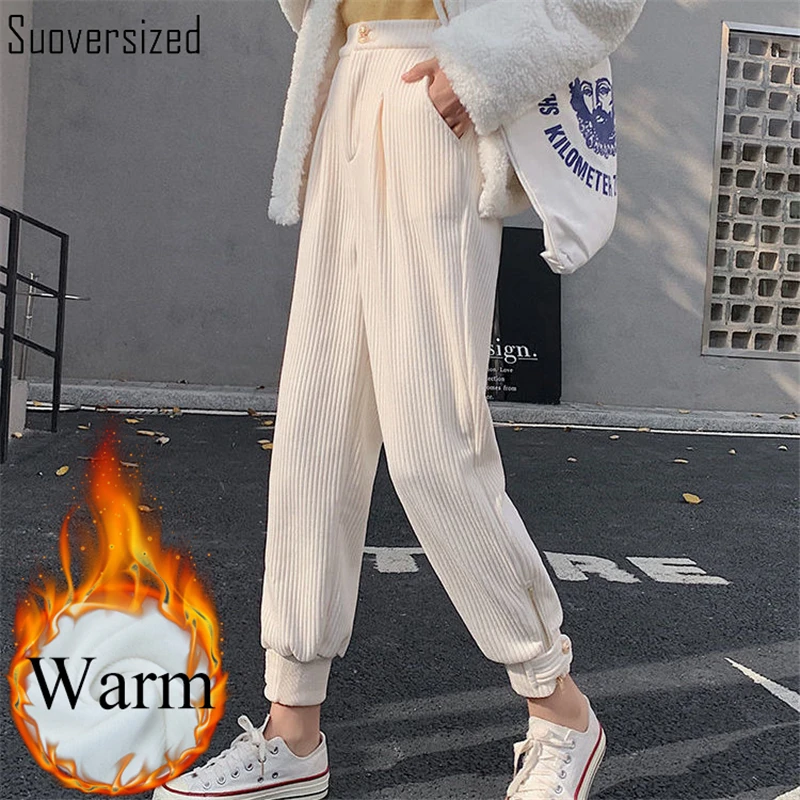 

Corduroy Add Velvet Casual Jogging Pants Women Design Zipper Solid High Waist Capris Thicken Pantalones Elegant Chic Trouser