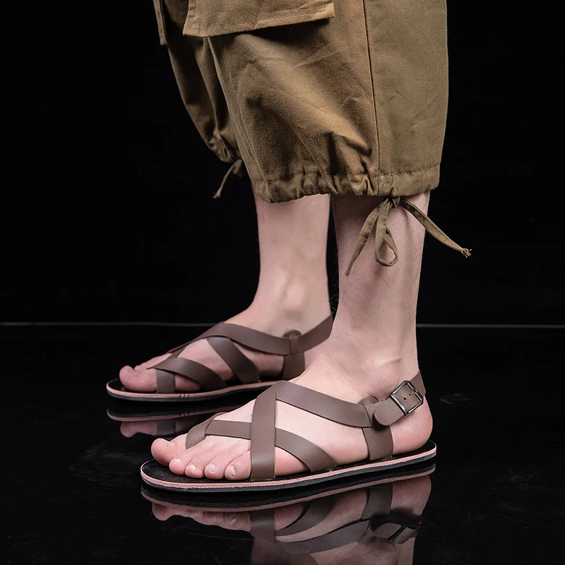 

New Rome Leather Mens Sandals Casual Summer Comfortable Breathable Men Shoes Flats Sandalias