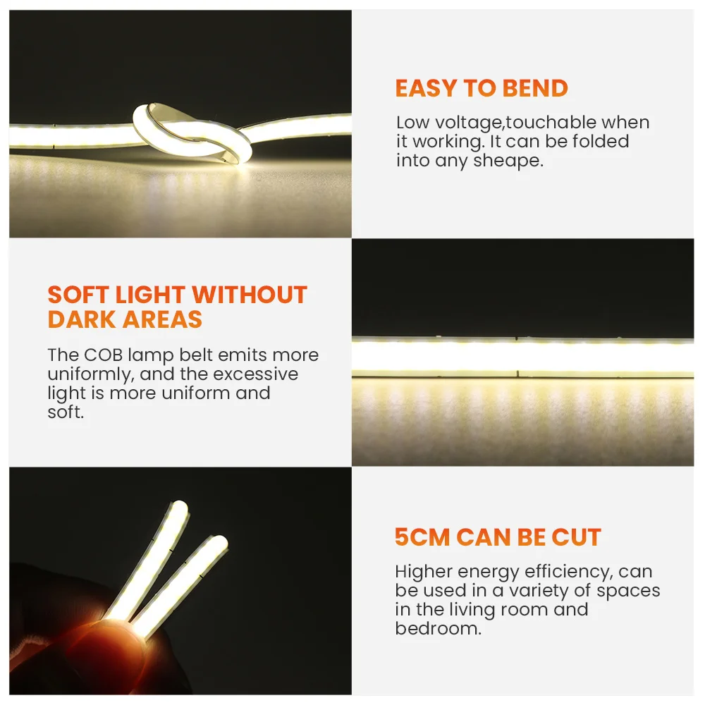 LED COB 스트립 조명, PCB 고밀도 선형 조명, 320 유연한 테이프 조명, 따뜻한 내추럴 화이트 장식, 5V USB, 3mm, 5mm, 8mm