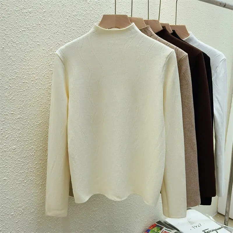 Autumn and Winter Women's New Wavy Semi-turtleneck Pullover Sweater Fashion Slim Solid Color Knitwear Integrated Fleece Top