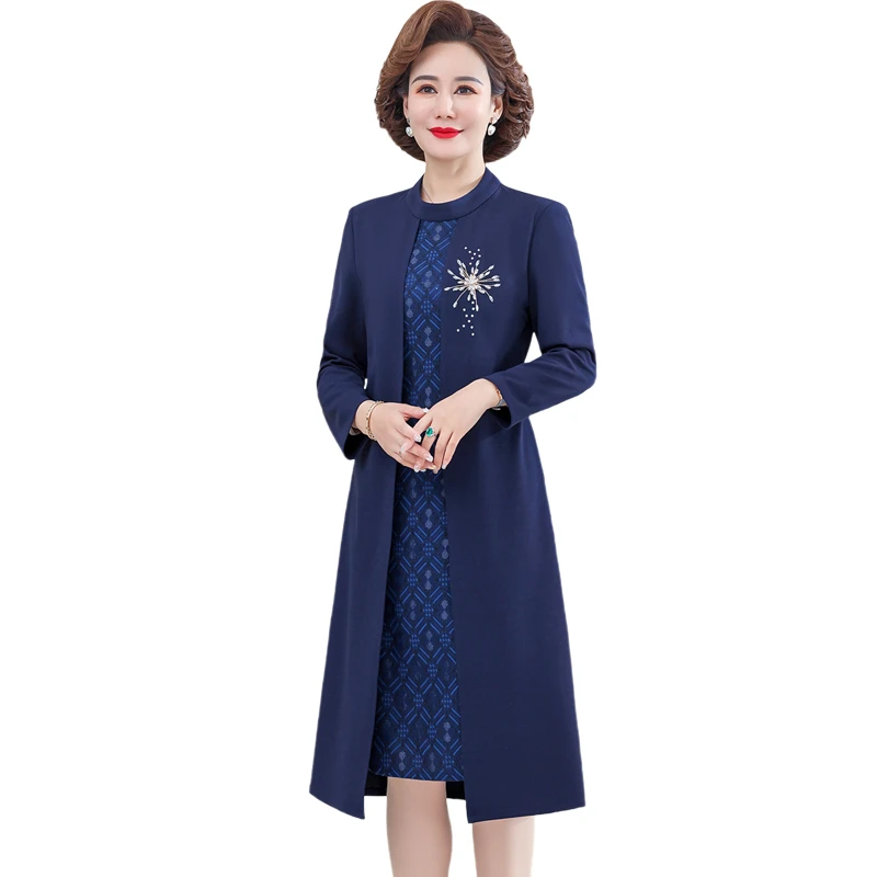 

QIWN Mother Dress Spring Autumn Fake two pieces Dress Cardigan Women Party Midi Dresses Elegant Robe Middle-age Female Vestides