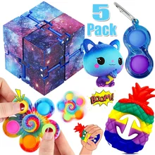 

5pcs Fidget Toy Set Mini Simple Dimple Keychain Infinity Cube Rainbow Hand Grip Snapper Bubble Squeeze Toy Pack For Adult Kids
