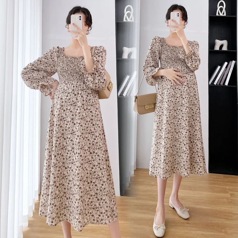 

Maternity Dress Spring Fashion Square Neck Slim A Line Loose Clothes for Pregnant Women Chiffon Long Sleeve Pregnancy Dress