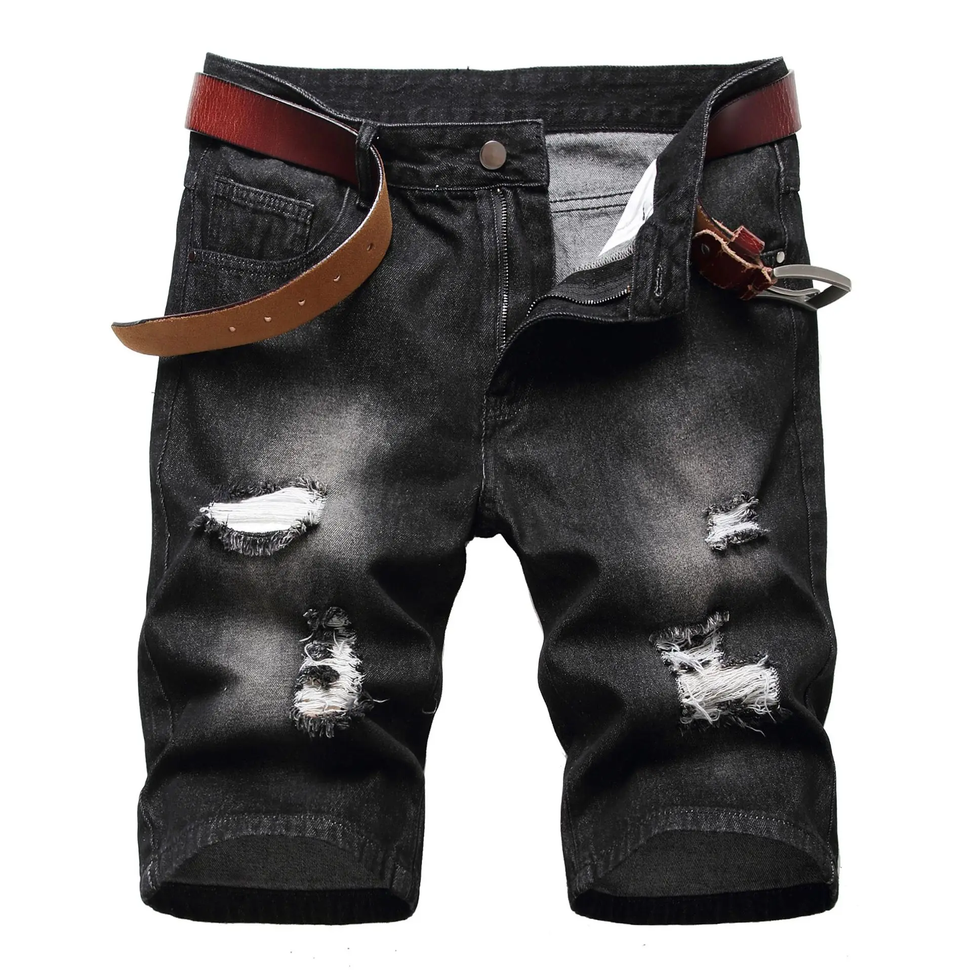 Holes Denims Men Distressed Ripped Pockets Skateboarding Knee Length Pants Washed Mid Waist Straight Jeans Streetwear