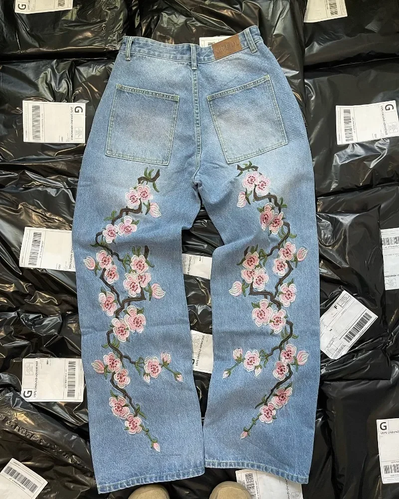 New Streetwear Jeans for Men Cherry Blossom Pattern Y2k Baggy Jeans Men Harajuku Punk Straight Casual Low Rise Denim Trousers 2