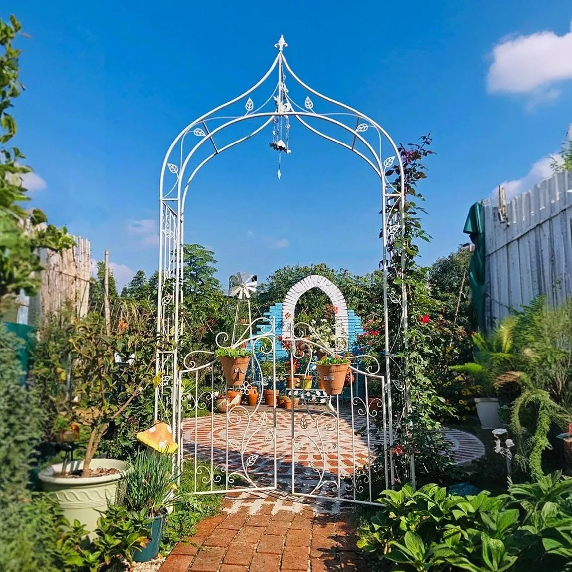 Metal Garden Arch Arbor With Gate for Various Climbing Plant in Outdoor Garden Lawn Backyard