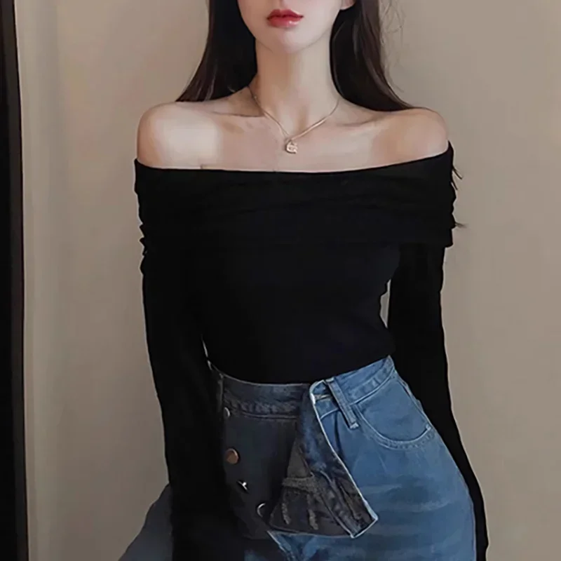 Camisetas con hombros descubiertos para mujer, camisetas casuales de manga larga lisas, tops cortos, ropa de calle, ropa de club, suéteres sexys con cuello torcido y cálidos
