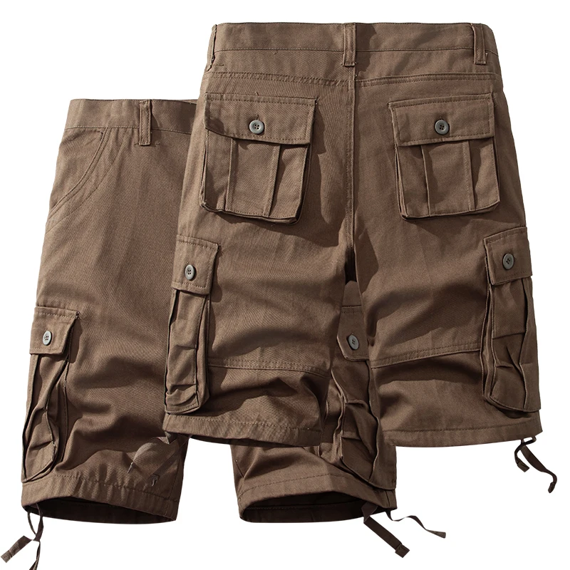 Men's Summer Cargo Shorts Pure Cotton Half Pants with Pockets Large Size Regular Fit Homme Brown White Hiking Sport Knee Shorts