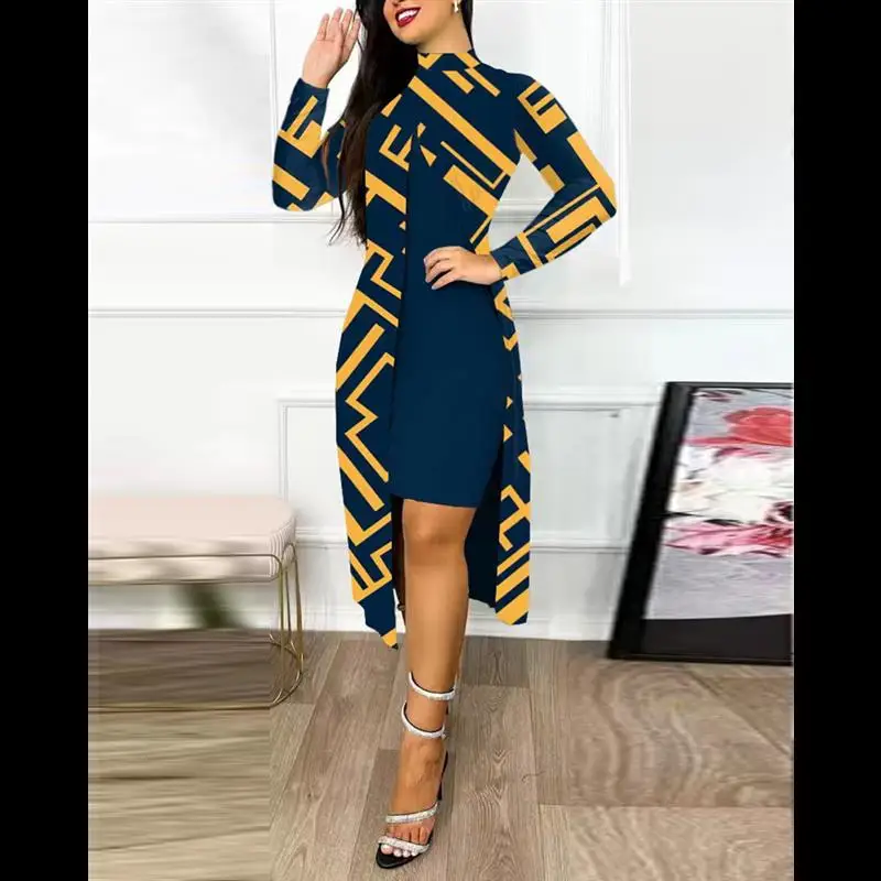 

Langmao Spring Autumn Casual Printed Slit Party Dress Women Half High Collar Long Sleeve Maxi Club Night Out Work Dresses
