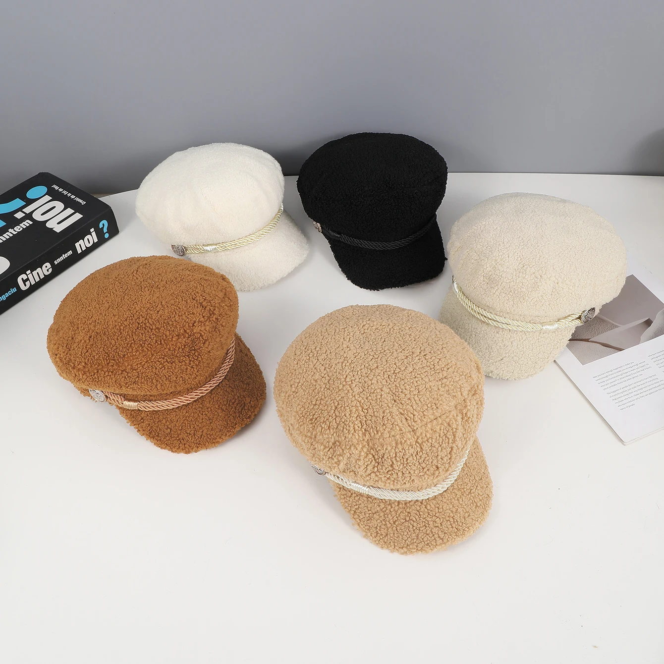 Korean braided rope button lamb wool navy hat shopping outdoor travel simple everything with newspaper boy hat