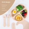 4PCS Silicone Children Tableware Baby Feeding Set Silicone Dinner Plate Wood Handle Spoon Fork Silicone Bibs BPA Free 3