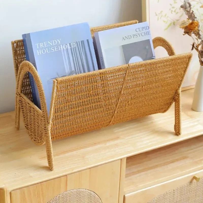 Kens Hand Woven Vertical Magazine Living Room Floor To Ceiling Small Bookshelf, Imitation Rattan Light Luxury Book, Storage