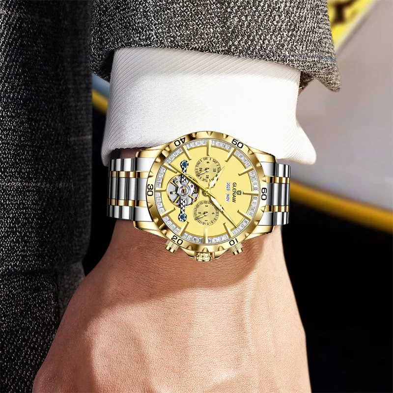 GLENAW Original Fashion Men's Watches Multifunctional Waterproof Moon Phase Automatic Mechanical Male Watch Perpetual Calendar