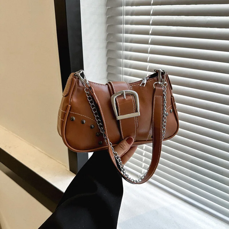 

Vintage Rivet Women Shoulder Bags Y2K Ladies Underarm Bag Fashion Chain Small Handbags PU Leather Female Tote Purse Clutch Bag
