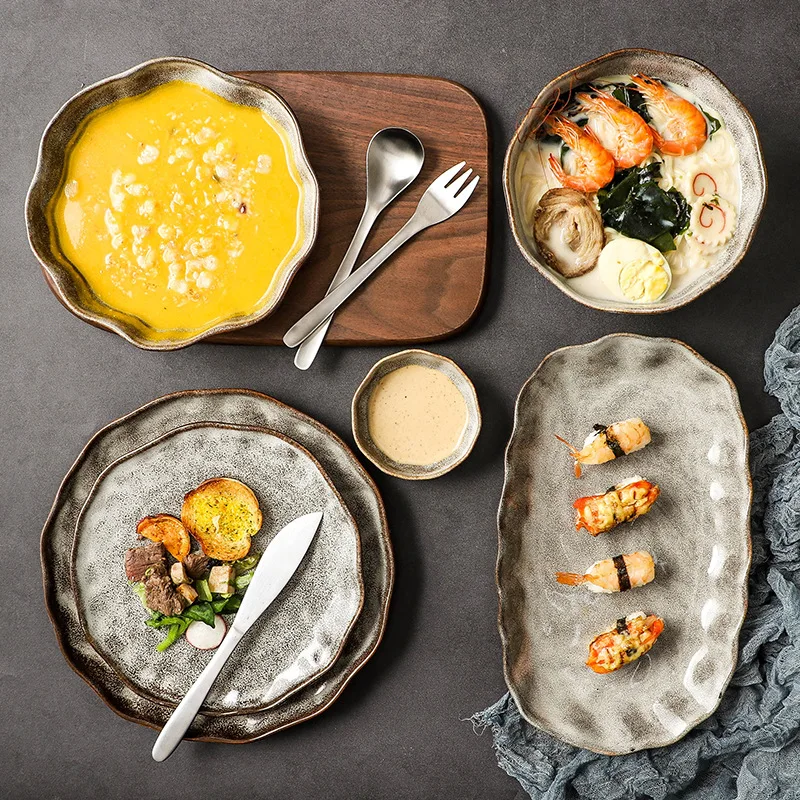 

Retro Japanese tableware set restaurant dish set household creative bowl and plate combination ceramic tableware
