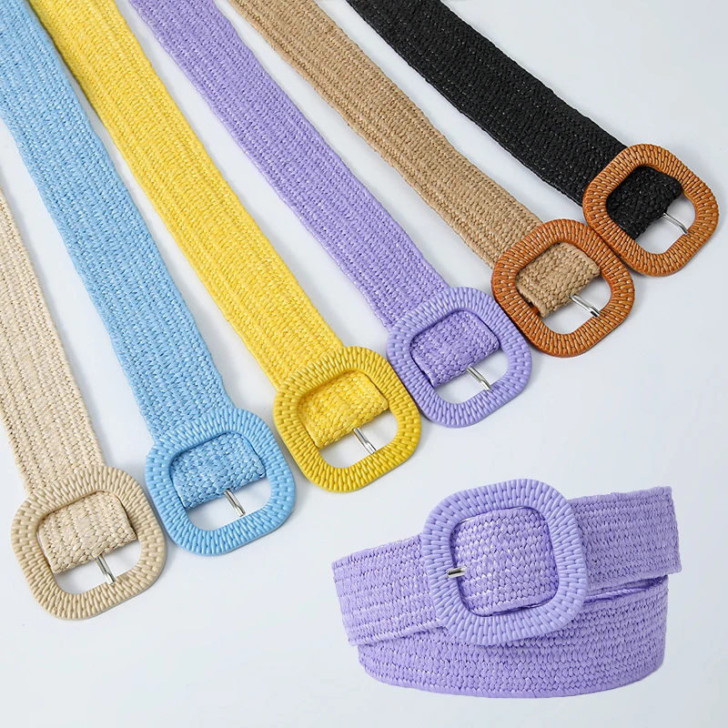 

NEW PP Grass Woven Belt Candy Color 4cm Wide Waistband With Square Buckle Retro Bohemian Women Belt Dress Skirt Decoration