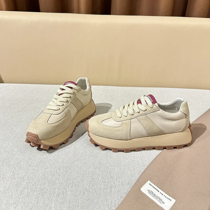 Casual Women Sneakers Suede Leather Patchwork Mixed Colors Platform Lady Shoes Round Toe Korean New Lace Up Non-slip Flat Shoes