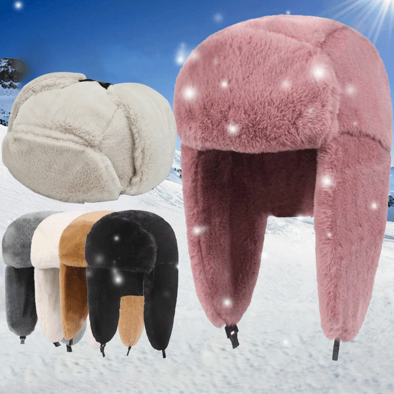 

Fashion Winter Thicken Plush Cycling Ski Hat Warm Earmuffs Hat for Men Women Faux Fur Windproof Cap Russian Bomber Hat