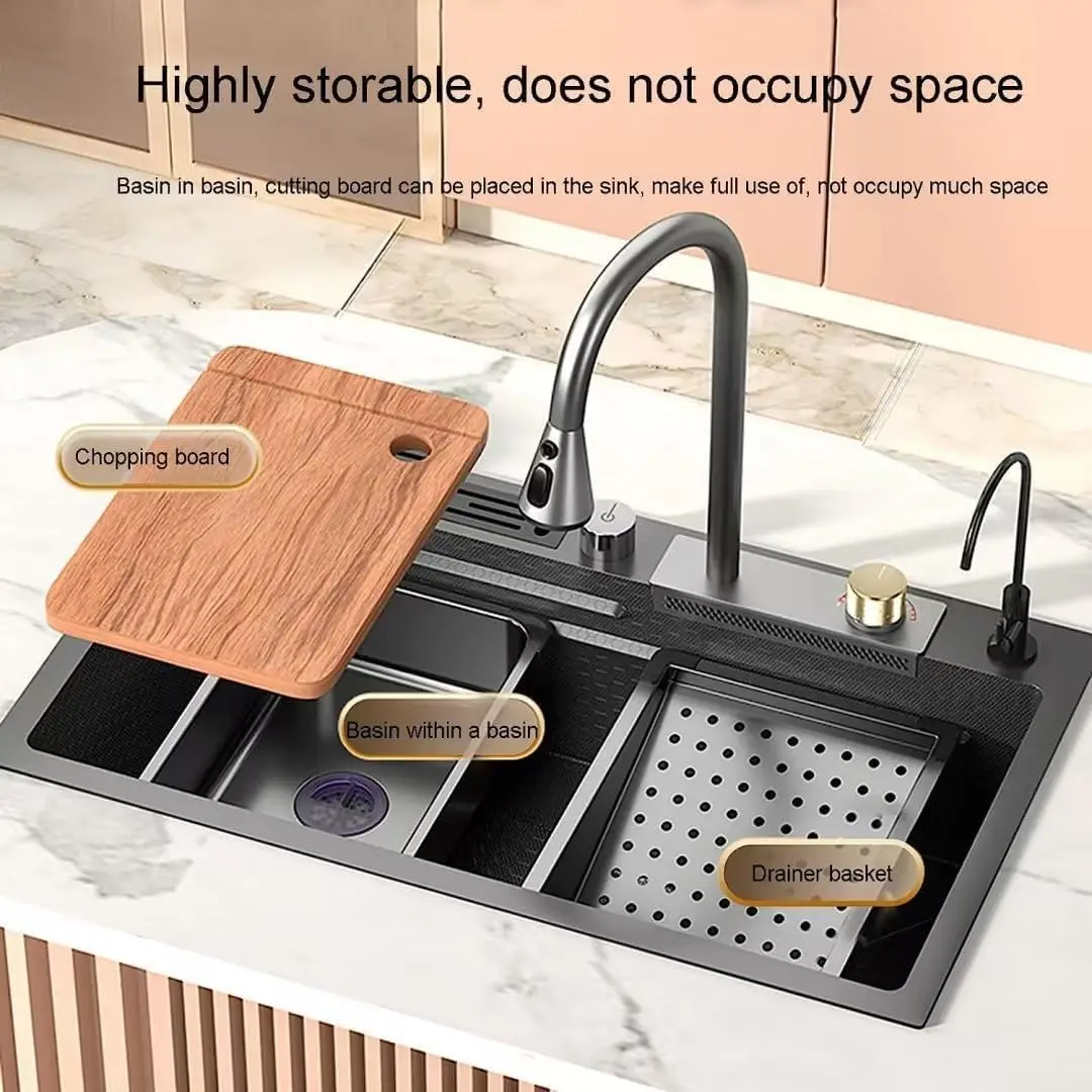 Kitchen Sink Feiyu Waterfall Sink 304 Stainless Steel Black with Cup Washer And Knife Holder Kitchen Household Washbasin