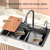 Kitchen Sink Feiyu Waterfall Sink 304 Stainless Steel Black Sink with Cup Washer And Knife Holder Kitchen Household Washbasin 2