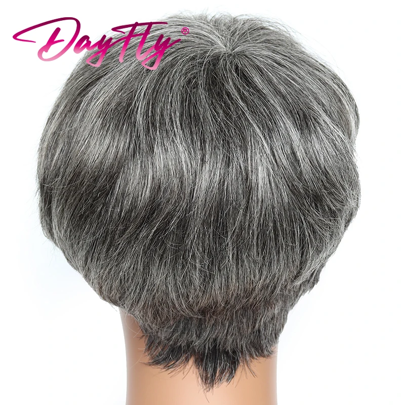 

Short Grey Wigs Highlight Pixie Cut Wig With Bangs Brazilian Hair Natural Wave Wigs Ombre P1B 30 44 34 Human Hair Wigs For Women