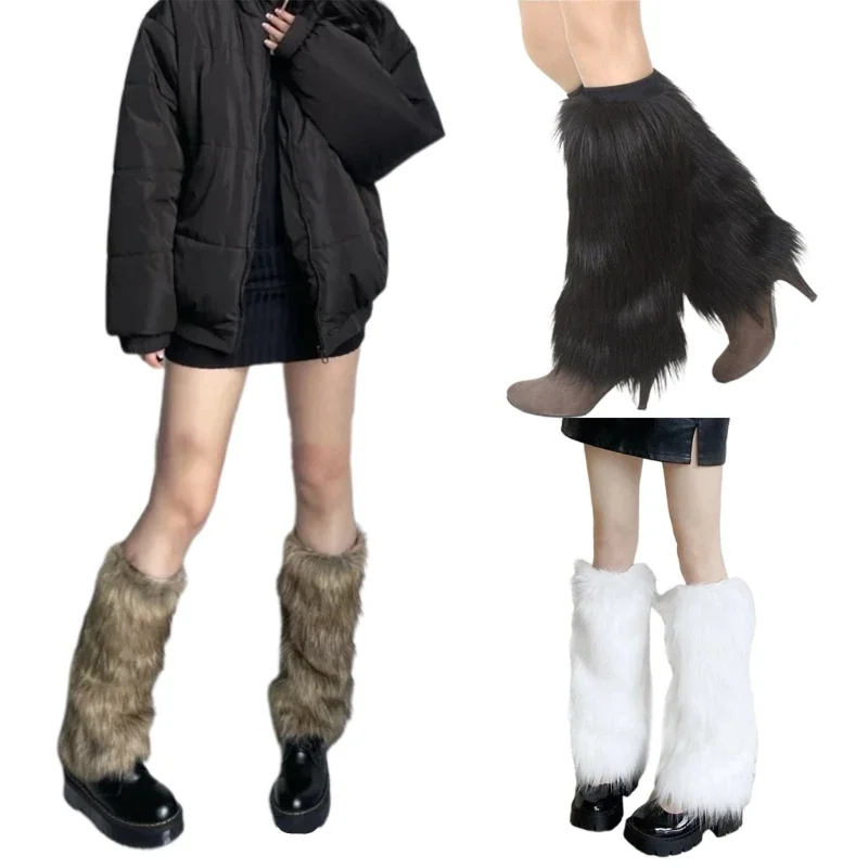 

Warm Gothic Color Furry Solid Faux Streetwear Cuffs Cover Vintage Winter Harajuku Leg Women Socks Fur Warmer Shoes