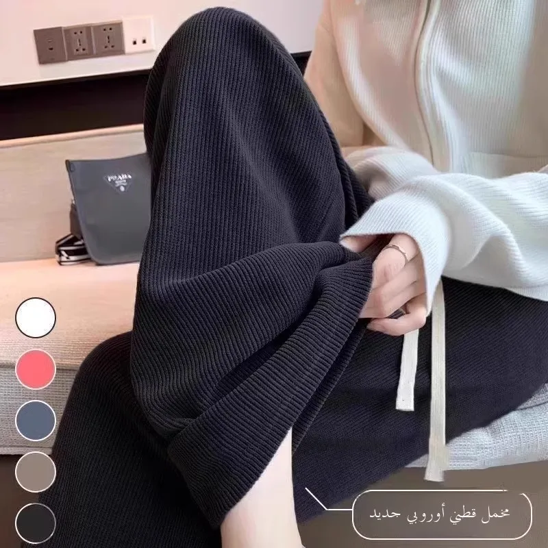 بنطلون نسائي واسع الساق من القطيفة المخملية السميكة، سروال كاجوال للخريف والشتاء، تصميم عصري بخصر مرتفع من ألياف البوليستر، د...