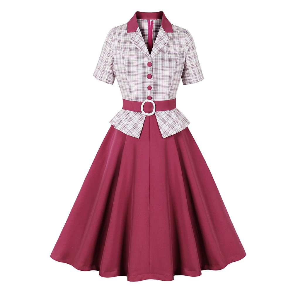 

Ladies Plaid and Fuchsia Formal Party Dress Women Elegant 2024 Notched Collar Button Up Patchwork Vintage Midi Dresses VD4365