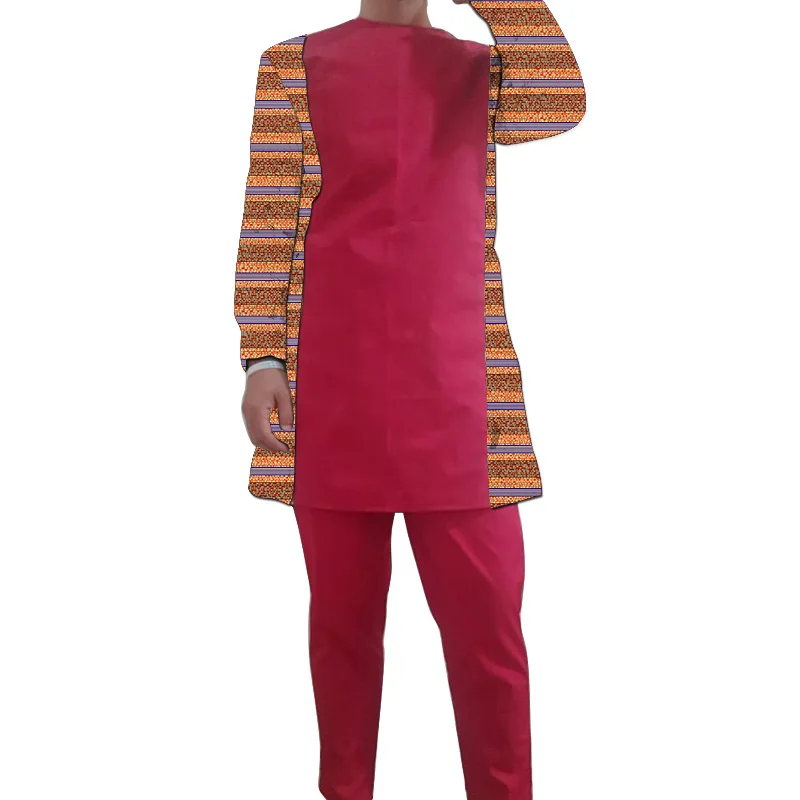 Red Cotton Long Sleeves Men's Sets Patchwork Shirt With Solid Pant Male Nigerian Fashion Outfits African Wedding Party Wear