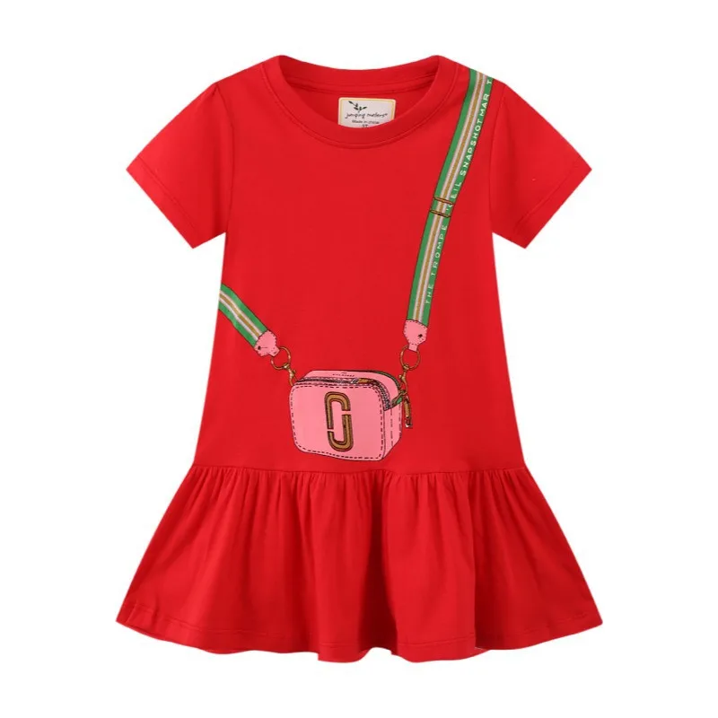 Jumping Meters Pink Girls Dresses Bag Print Summer Children's Clothes Short Sleeve Cotton Kid Dress girls dress
