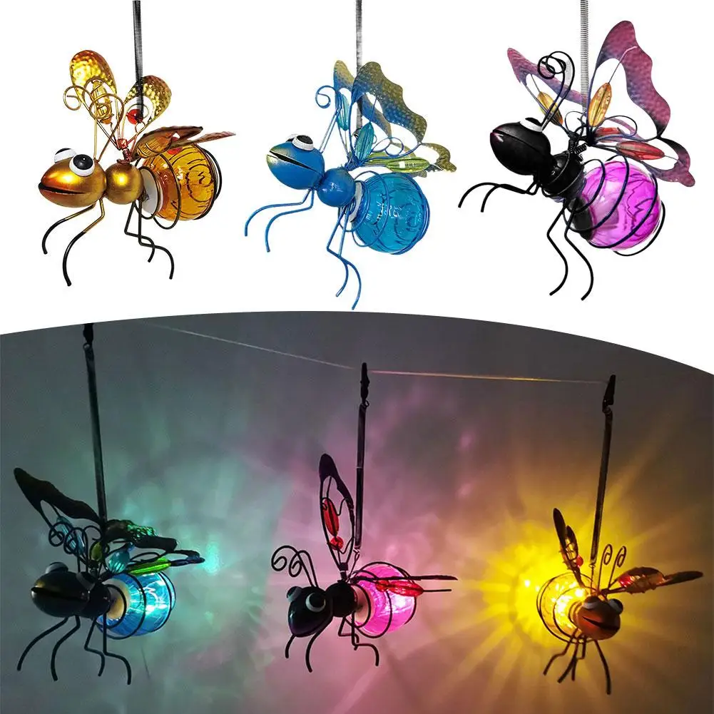 Solar Iron Insect Statue LED Fairy Light Outdoor Hanging Tree Ornament Fence Yard Courtyard Garden Art Decor