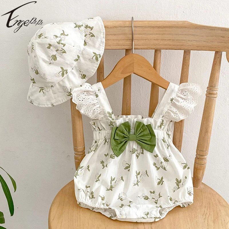 

Summer Baby Girls Sleeveless Rompers Girls Floral Jumpsuit+Hat 2pcs Cotton Floral Printed Girls Casual Sweet Bow Rompers Clothes